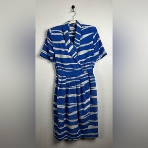 vintage Leslie Fay Blue White Wrap Midi Dress Shoulder Pads Short Sleeve Sz 12